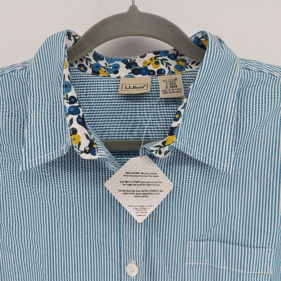 L.L. Bean Striped Button Up Blue/White Shirt Floral Neck/Cuffs Oxford Shirt - Picture 4 of 10